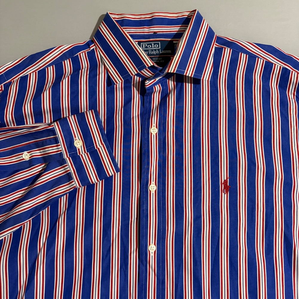 Polo Ralph Lauren Vintage Blue Red Stripe Classic Long Sleeve Button Up Shirt XL